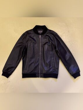 Slate & Stone Men’s Black Leather Bomber Jacket with Ribbed Trim